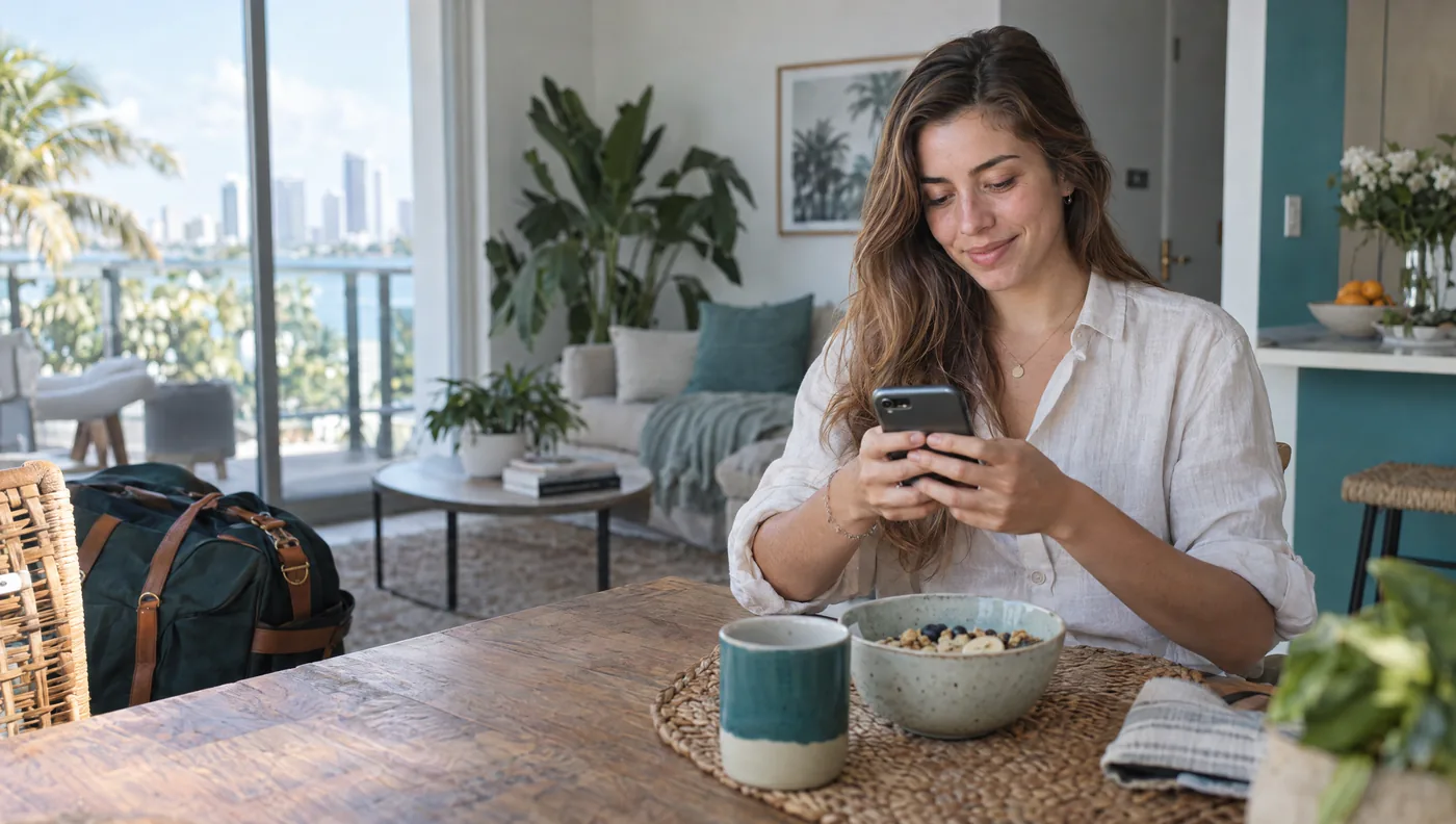 Young adult checking a phone beside a travel bag at home